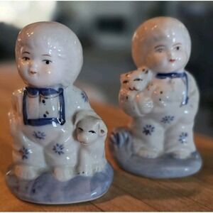 VTG Cottagecore Blue White Porcelain Boy & Girl Figurines Cat & Dog Gold Accents